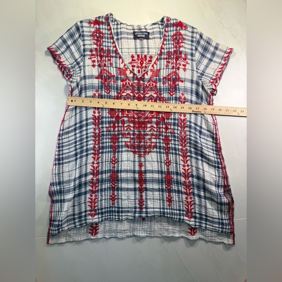 Johnny Was Workshop Embroidered Plaid Top | Red Blue Boho Tunic | Size M - Picture 3 of 7